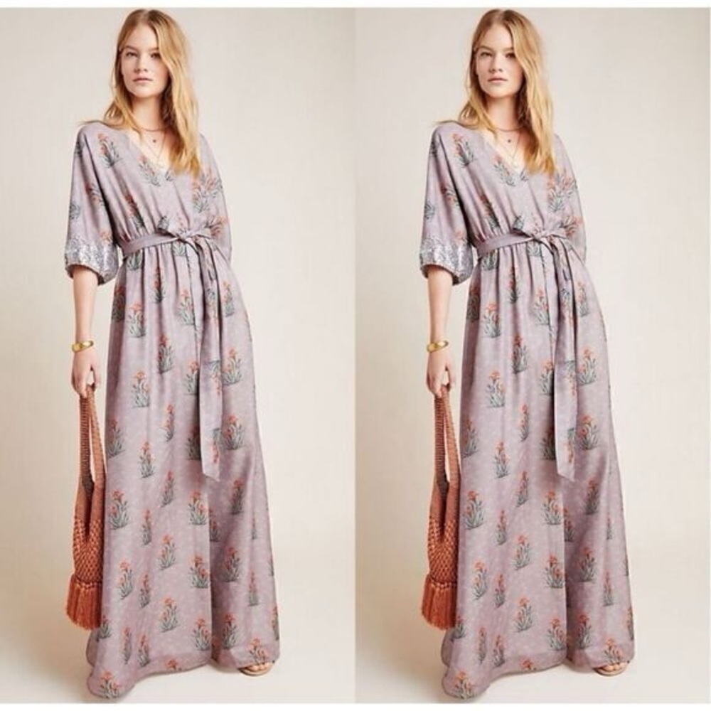 NWOT Maxi dress with sequin sleeves and dainty floral pattern